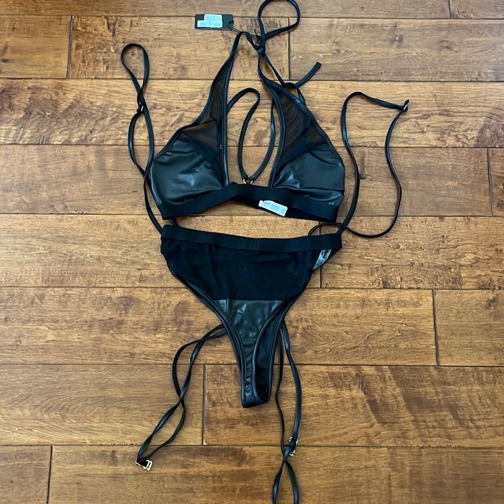 NWT Mapale Black Two Piece Set lace Faux leather Size M/L